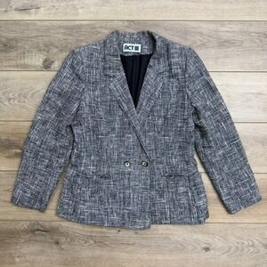 Vintage Houndstooth Plaid Tweed Blazer‎ Women's Gray Career Jacket Union READ